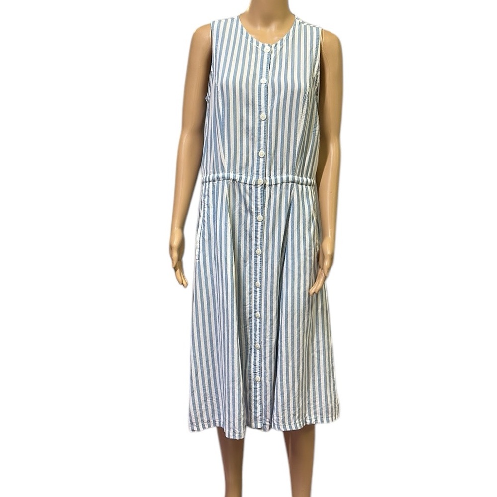 Liz Wear Tencel Sleeveless Blue White Striped Button Front Pocket Midi Dress S